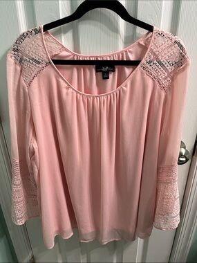 AGB Light Pink Lace Yoke Flowing Peasant Top